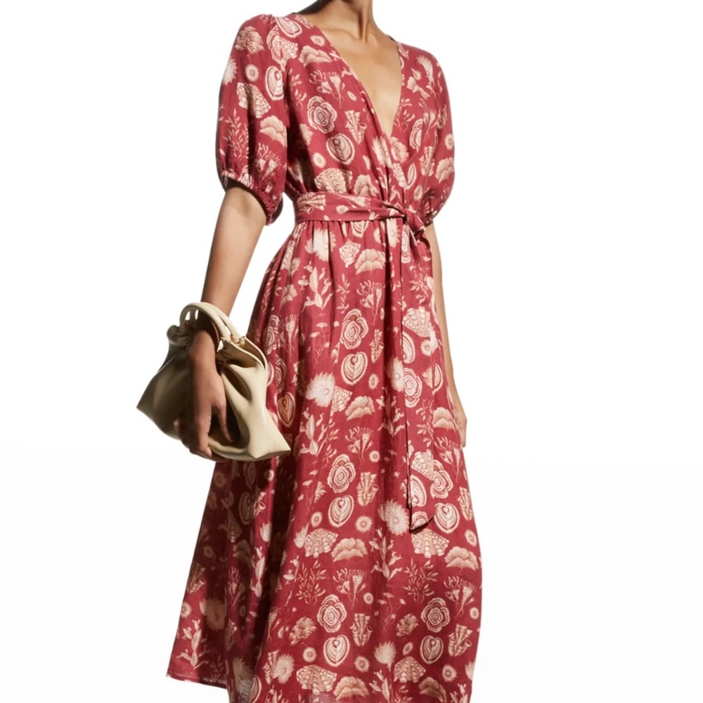 Carolina K Flora Puff-Sleeve Belted Midi Linen Dress